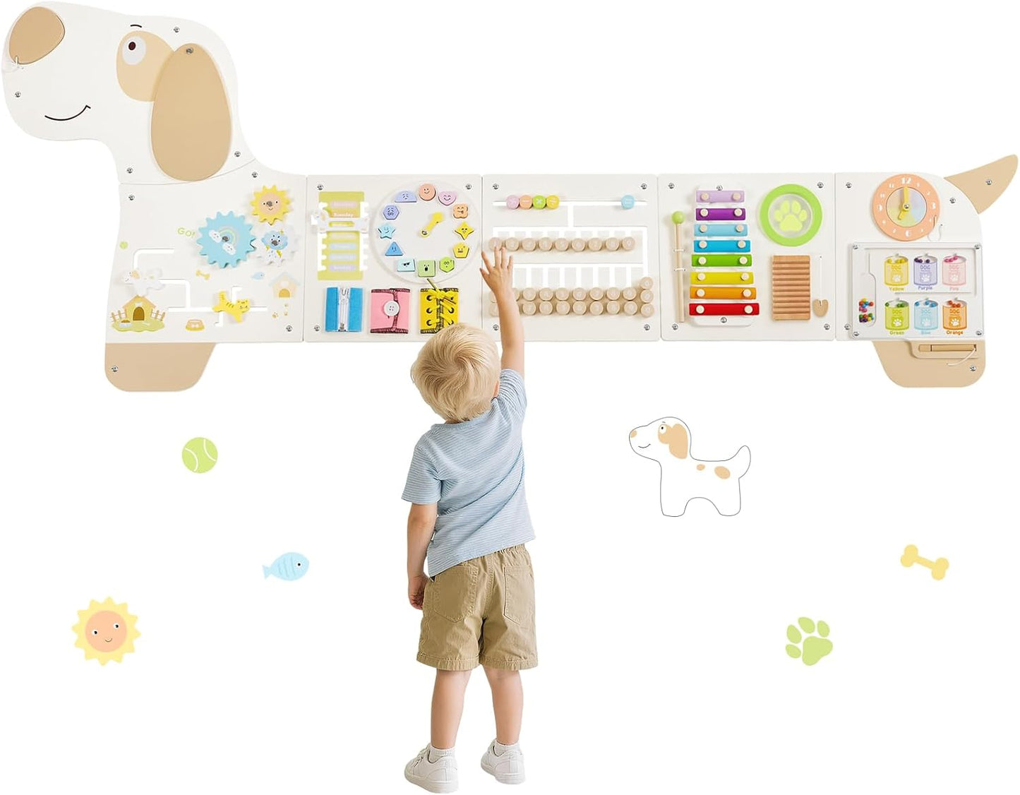 Wooden Dog Wall Busy Board Panels, Sensory Wall Activity Board for Toddlers 1-3, Montessori Learning Activity Center, Educational Toys for Kids Room, Preschool & Daycare