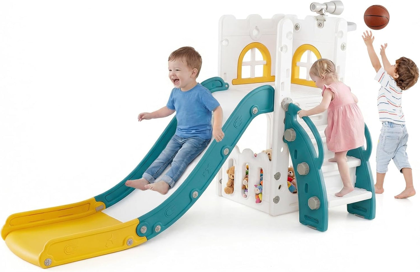 OLAKIDS Toddler Slide and Swing Set, 7 in 1 Kids Indoor Outdoor Playground with Climber Basketball Hoop Telescope Toy Storage for Boys Girls Aged 1+ (Grey)