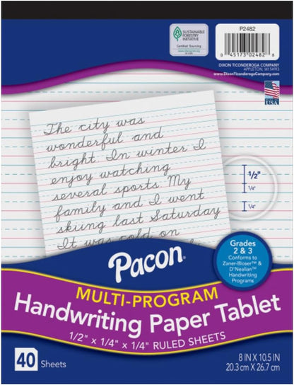 Pacon PAC2482 Multi-Program Ruled Handwriting Paper, 8" x 10.5", 40 Sheets, D'Nealian Grades 2-3 and Zaner-Bloser Grade 2, 0.5" Ruling, 0.25" Dotted Midline, 0.25" Descender Space
