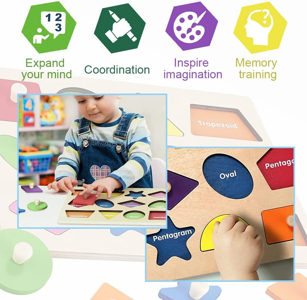 Montessori Toy Wooden Shape Peg Puzzles Montessori Baby Puzzle Geometric Shape Puzzle with Board Knob Preschool Wooden Puzzles for Toddlers 1-3 Year Old
