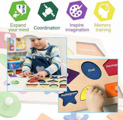 Montessori Toy Wooden Shape Peg Puzzles Montessori Baby Puzzle Geometric Shape Puzzle with Board Knob Preschool Wooden Puzzles for Toddlers 1-3 Year Old