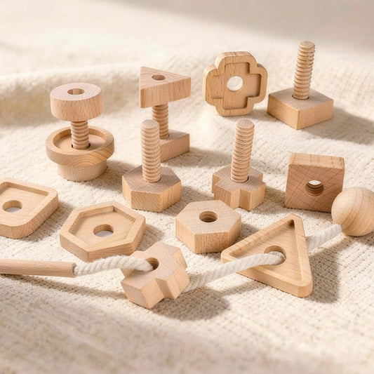 Wooden Screw and Nut Playset for Kids, Montessori Shape Sorting Toy, Lacing Beads for Kids, Preschoolers Activities, Building Construction Screw Matching Toys for Boys Girls Ages 3,4,5