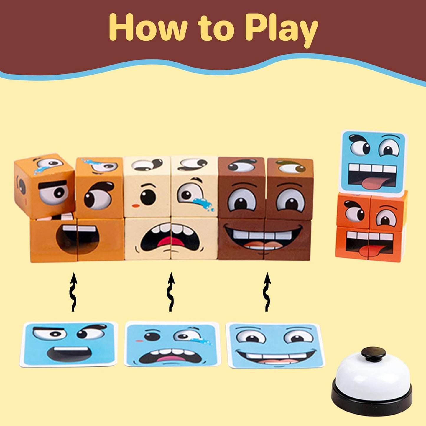 Face Changing Magic Cube Game, Wooden Expression Puzzle Block Games, Fine Motor Skills Board Games for Kids & Adults with Bell
