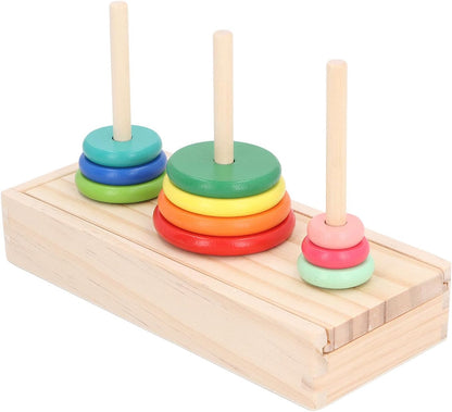 Asixxsix Tower of Puzzle, 10 Levels Wooden Stacking Rings Game, Sustainable Pine Wood Puzzle Tower with 10 Rings 3 Sticks for Children Early Education Family Entertainment