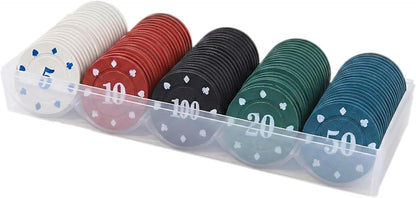 100-Piece Numbered Poker Chips Set with Clear Acrylic Case, 5/10/20/50/100 Denominations, Durable ABS Plastic Gaming Tokens for Texas Hold'em, Blackjack, Math Counting and Party Games