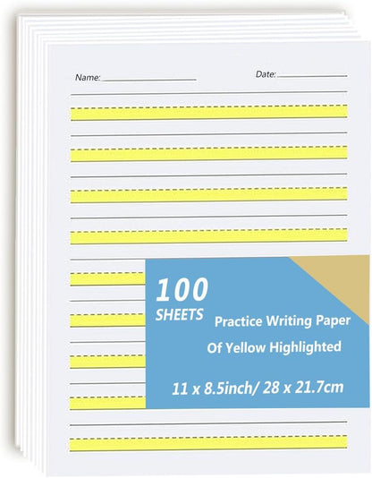Write Beginner Paper Level 1, Writing Paper with Lines and Yellow Highlighted Practice Writing Papers for Kids Proper Letter Positioning, 100gsm Paper, 11 x 8.5'', 100 Sheets