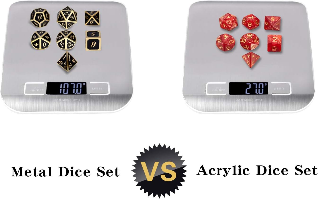 DnDnD Heavy Polyhedral Metal Dice Set with Metal Box, 7-die Shiny Blue Surface with Golden Number for RPG,Dungeons and Dragons,Pathfinder,Shadowrun,D&D,Role Palying Game and Math Teaching - Colors A