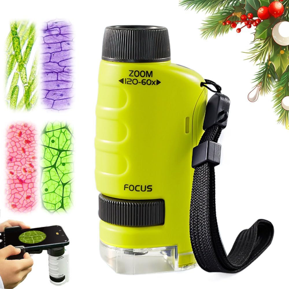 Pocket Microscope for Kids, 2026 New Educational Mini Microscope - Portable Handheld Microscope Kit for Home School Lab, Biology Science Education - Christmas Stocking Stuffers, Birthday Gifts (Green)