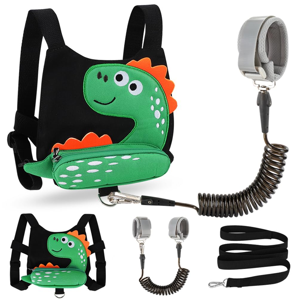 3 in 1 Toddler Harness Leash + Baby Anti Lost Wrist Link, Accmor Cute Dinosaur Child Safety Harness Tether, Kids Walking Wristband Assistant Strap Belt for Parent Boys Outdoor Activity (Black)