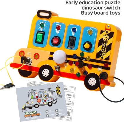 Montessori Board Sensory Toys for Children with LED Light switches, School Bus Shape，Baby fidgeting Board Travel Toys for More Than 18 Months, 18M+Boys and Girls Toddler Toys Gifts,Switch Toy
