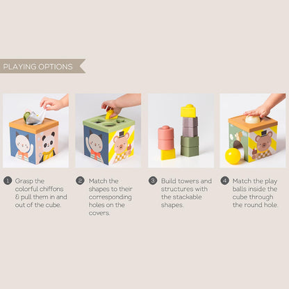 Taf Toys Baby Tissue Box Toy Silicone Baby Toys 6-12 Months Montessori Toys Sensory Activity & 10 Tissues for Fine Motor Development Soft Interactive Silicone Learning Cube for 1 Year Old Toddlers