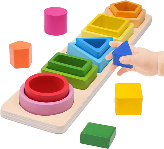 YHHYTOY Montessori Toys for 1 2 3 Year Old - Wooden Baby Stacking Toys Sensory Educational Shape Sorter Color Sorting Toy for Toddlers 1-3, Preschool Learning Birthday Gifts for Baby Girls Boys Kids