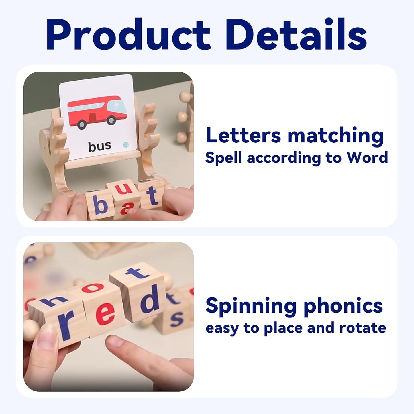 Wooden Reading Blocks, 5 Sets of Short Vowel Rods and 40 Sight Words Flash Cards, Turning Rotating Letter Puzzle for Kids, Montessori Spelling Toy for Preschool Boys Girls Ages 3+