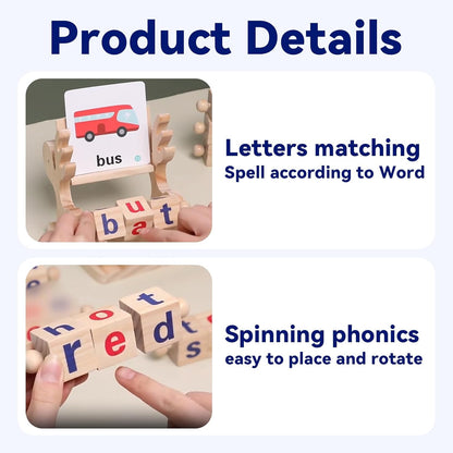 Wooden Reading Blocks, 5 Sets of Short Vowel Rods and 40 Sight Words Flash Cards, Turning Rotating Letter Puzzle for Kids, Montessori Spelling Toy for Preschool Boys Girls Ages 3+