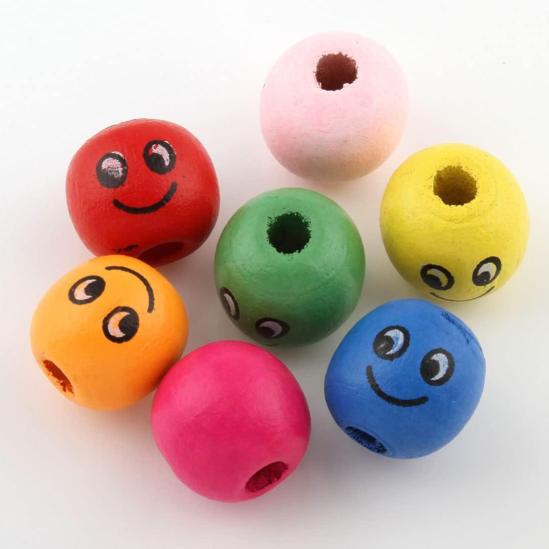 Perlin Wooden Beads with Smiley Face 60 Pieces Threading Beads Made of Wood Colourful 3mm Hole Bead for Craft Making Decorations and DIY Crafts