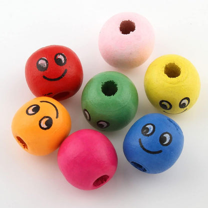 Perlin Wooden Beads with Smiley Face 60 Pieces Threading Beads Made of Wood Colourful 3mm Hole Bead for Craft Making Decorations and DIY Crafts