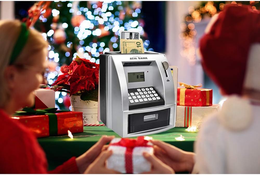 Electronic Piggy Bank with Password for Kids for 6-12 Year Old Boys and Girls - Toy Counting Money Bank - Fun Birthday Present - ATM Piggy Bank for Real Money (Black/Silver)