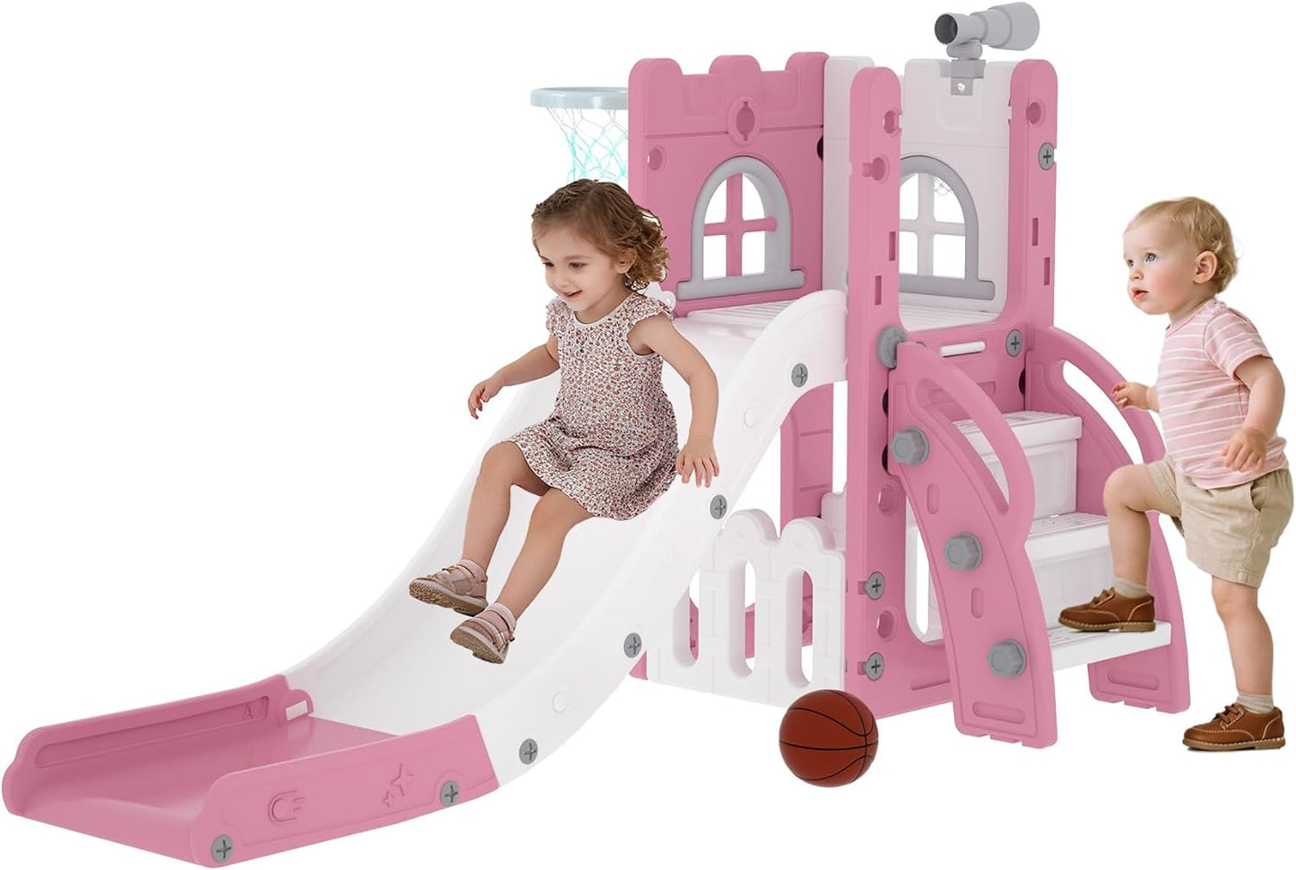 LulliSpace 6 in 1 Toddler Slide,Kids Playset for Toddlers Indoor Outdoor, Baby Slide with Basketball Hoop, Telescope & Storage Space,Non-Slip Steps for Great Gift
