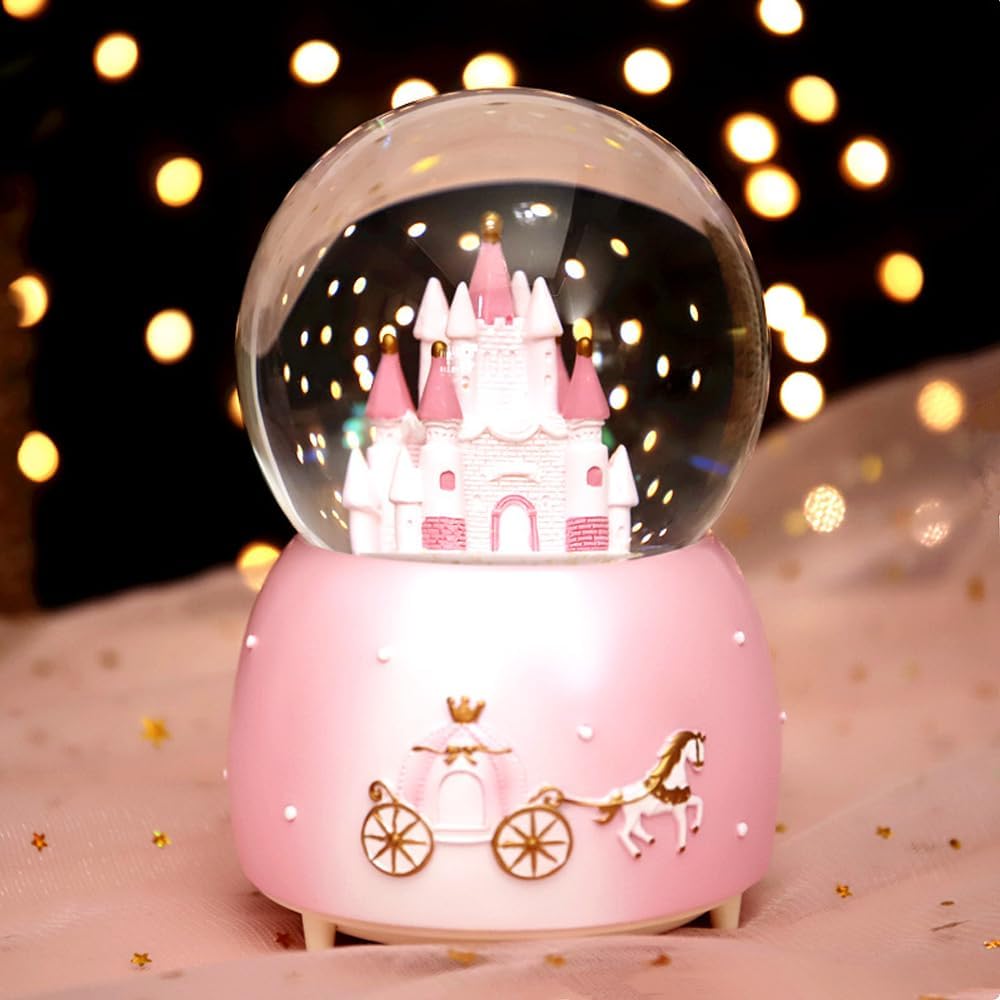 Snow Globes, Girls Castle Music Snowglobes with LED Lights, Automatic Snowfall Effect, Birthday Christmas for 5-16 Year Old Girls, Kids Room Decor (Pink)