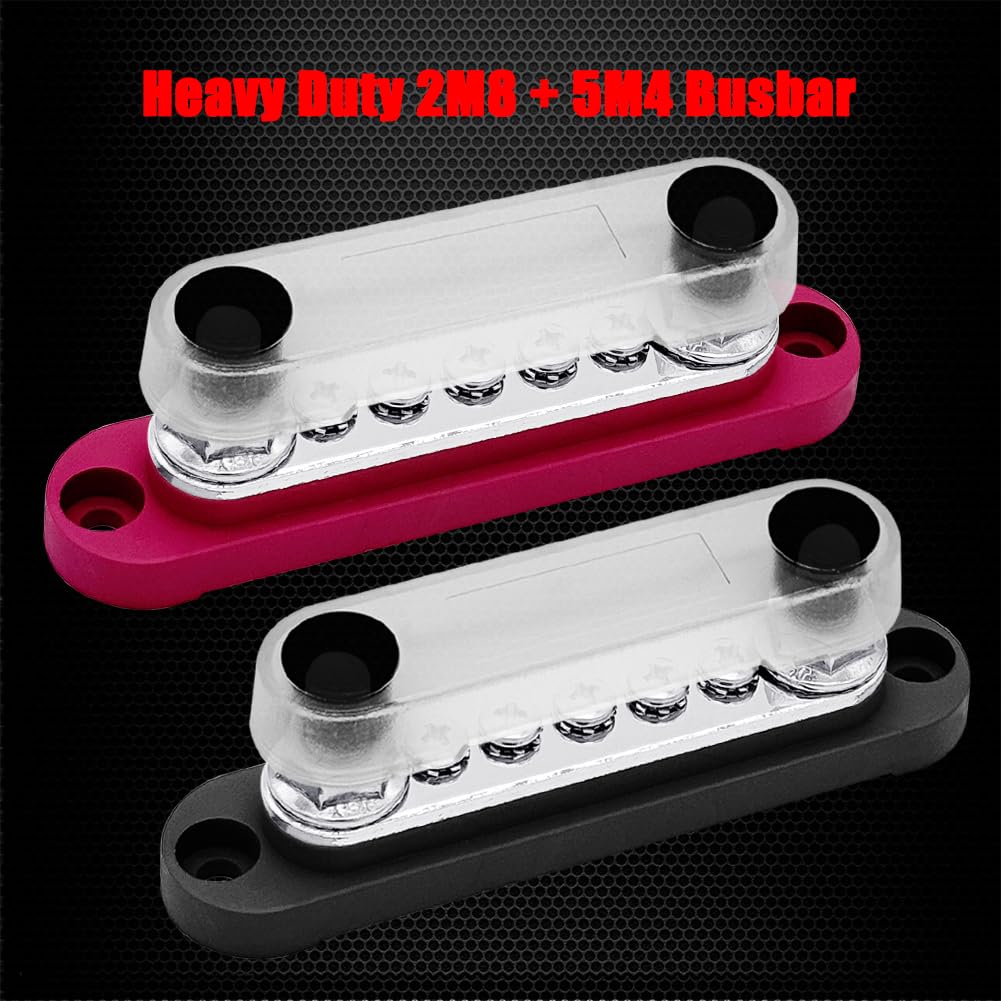 2 x #10 (M5) Studs Power Distribution Block with 5 x #8 (M4) Screws, Ampper 4.2" Bus Bar 12V Power Distribution Terminal Block Battery Busbar for Car Audio Solar (Red & Black)