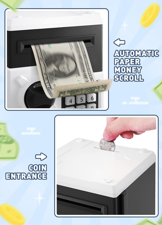 Playsheek Piggy Bank for Girls Boys Large Electronic Money Coin Banks with Password Protection, Automatic Paper Money Scroll Saving Box, Great Gift for Kids(Black-White)