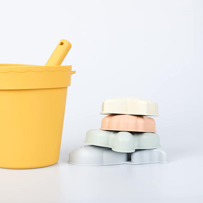 BLUE GINKGO Silicone Beach Toys - Modern Baby | Travel Friendly Toys Set | Silicone Bucket, Shovel, 4 Sand Molds, Beach Bag | Sand Toys for Toddlers, Kids - Yellow