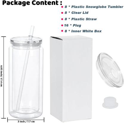 20 Oz Plastic Snowglobe Tumbler, 4 Pack Pre-Drilled Double Wall Acrylic Snow Globe Cup, Plastic Clear Cup for Snowglobe, with Clear Lid
