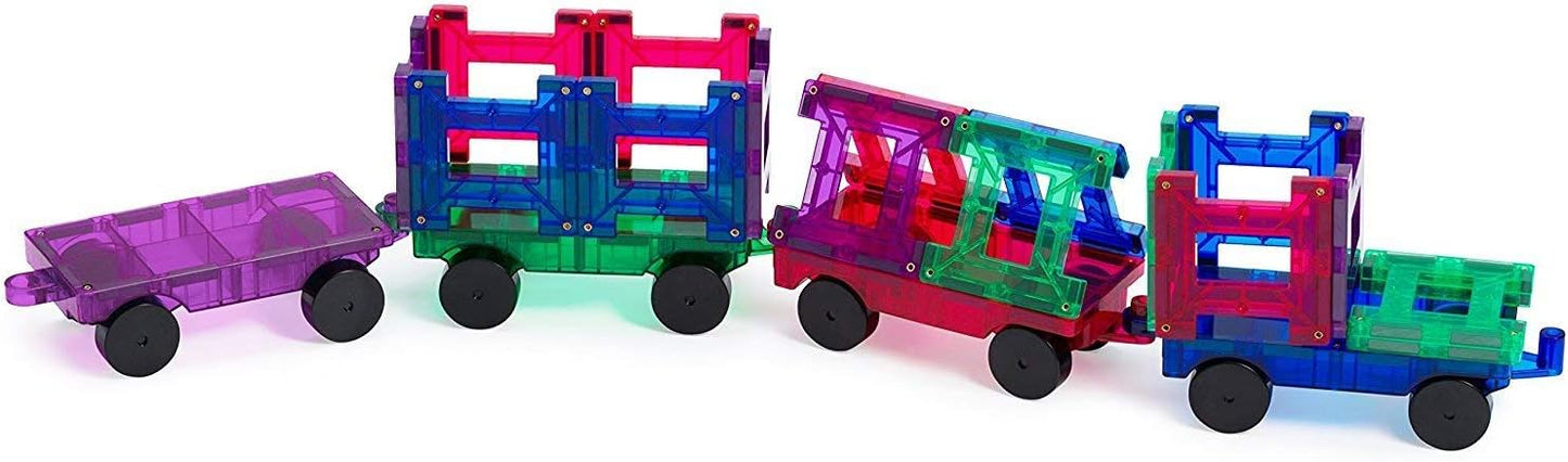 Playmags Magnetic Tiles Train Car Set for Kids - 55pcs Magnet Building Blocks Accessory Set with 4 Cars - Durable Creative STEM Learning Toys for Boys, Girls & Toddlers