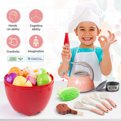 130Pcs Kitchen Playset, Toddler Pretend Cooking Play Pots, Pans, Utensils Cookware, Daily Food Fruit Veges, Shopping Storage Basket, Dessert, Prop Money, Learning Gift for Child (Pink)