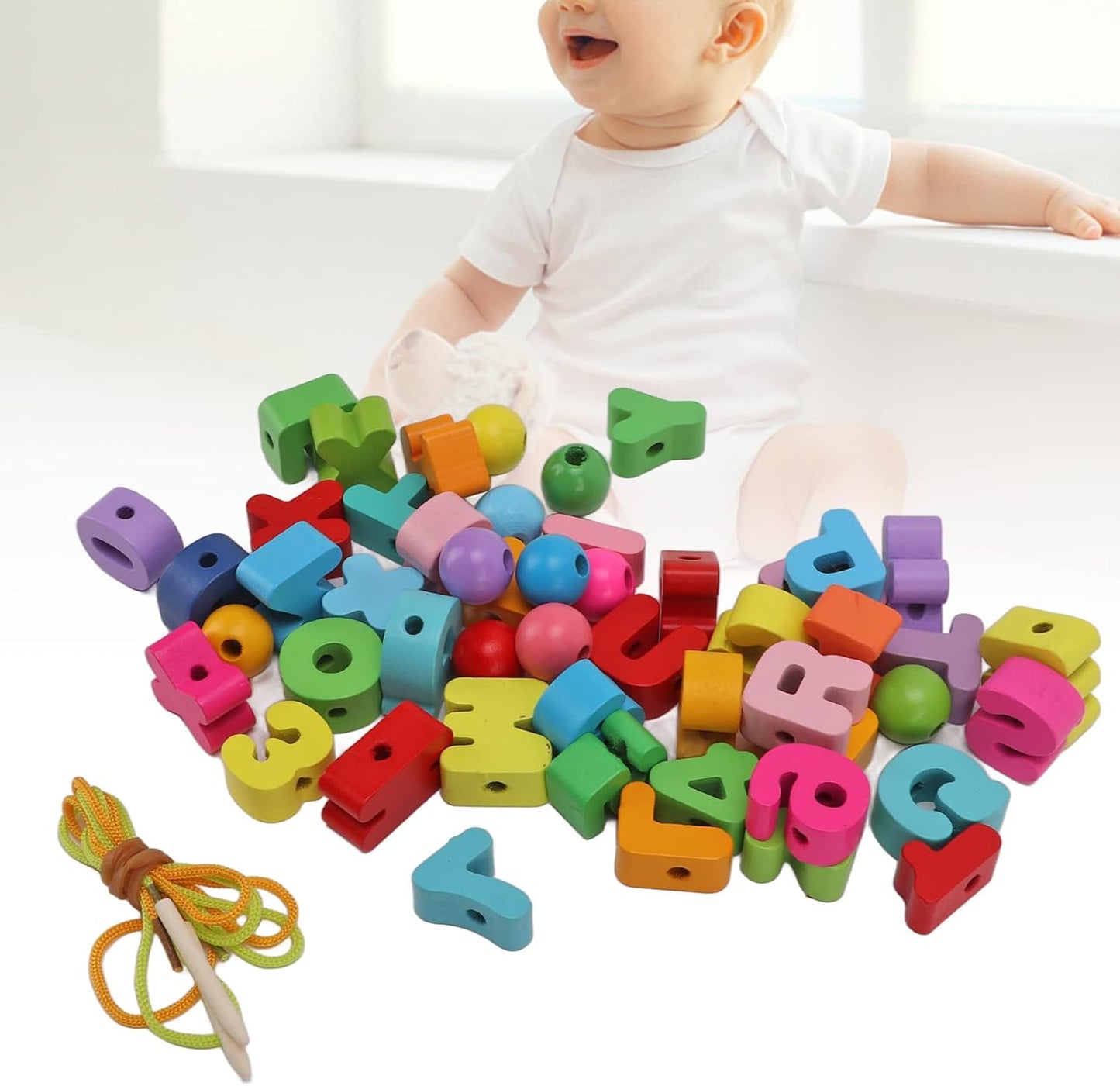 Wooden Rainbow Threading Letters Numbers Toy, 51Pcs Alphabet Lacing Beads for Kids Stringing Teachers Motor Skills Multi Color craftwood