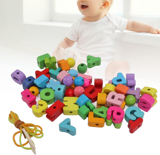 Wooden Rainbow Threading Letters Numbers Toy, 51Pcs Alphabet Lacing Beads for Kids Stringing Teachers Motor Skills Multi Color craftwood