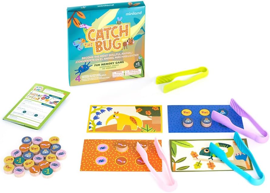 Miniland Board Game for Kids +5, Develops Fine Motor Skills, Come with Wooden Bugs, Tweezers and Game Boards, Children Memory and Pincer Grasp | Catch The Bug