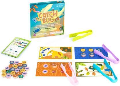 Miniland Board Game for Kids +5, Develops Fine Motor Skills, Come with Wooden Bugs, Tweezers and Game Boards, Children Memory and Pincer Grasp | Catch The Bug