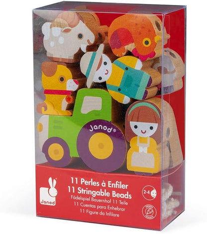 Janod - Stringable Farm-Themed Wooden Beads Set 11 Pieces - Designing Custom Jewelry - Imagination Development - Boosts Creativity and Motor Skills - Encourages Imaginative Play