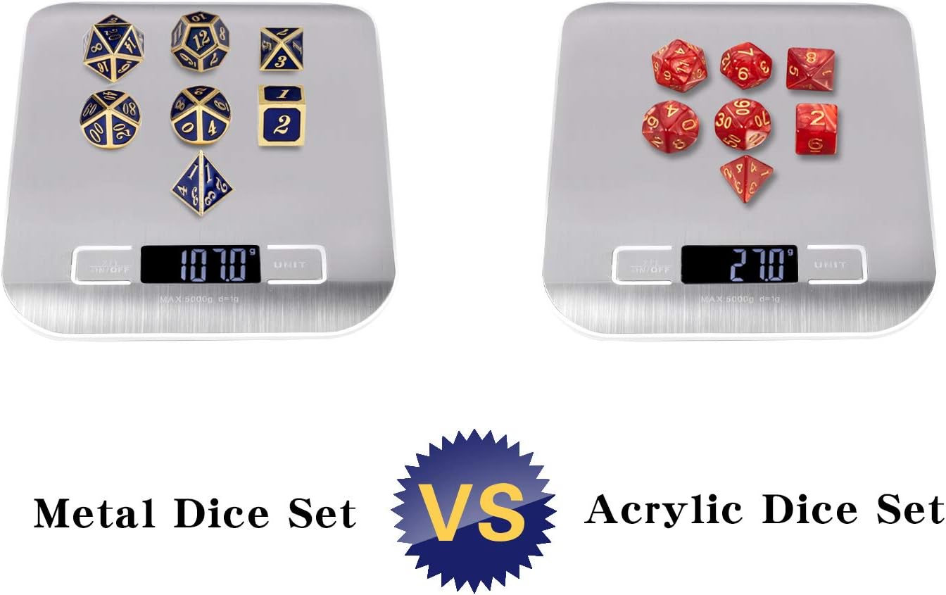 DnDnD Heavy Polyhedral Metal Dice Set with Metal Box, 7-die Shiny Blue Surface with Golden Number for RPG,Dungeons and Dragons,Pathfinder,Shadowrun,D&D,Role Palying Game and Math Teaching - Colors A