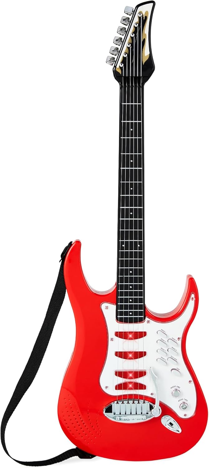 Best Choice Products Kids Electric Guitar Set with Microphone & Amp, Interactive Musical Toy for Boys & Girls, Lights & Sounds, Demo Songs, AUX Input, DIY Stickers - Blue