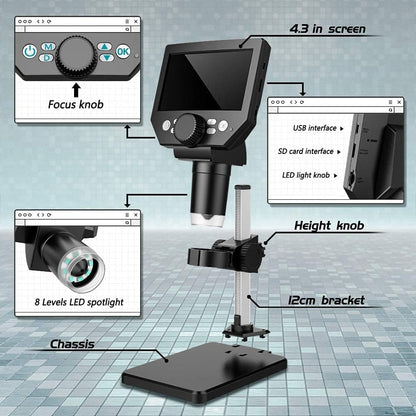 LCD Digital Microscope,4.3 Inch 1080P 10 Megapixels,10MP Camera Video Recorder with HD Screen,1-1000X Magnification Zoom Wireless USB Stereo Microscope Camera,