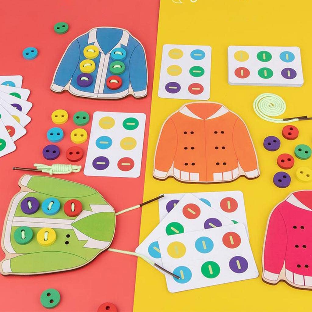 Menolana Kids Wooden Threading Lacing Clothes Sew on Button Game Toys for Age 3-6