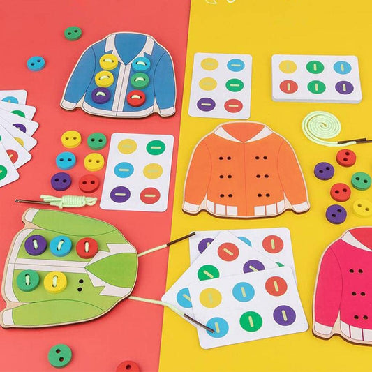 Menolana Kids Wooden Threading Lacing Clothes Sew on Button Game Toys for Age 3-6