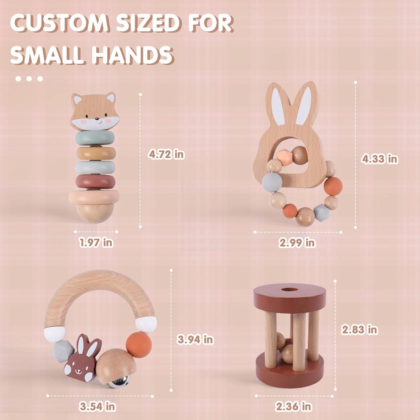 FReniland Wooden Baby Toy Set for 12M+, Montessori Grasping & Stacking Toys, Elephant & Car Sensory Toys, Natural Wood Fine Motor Skill Development Gift for Boys & Girls