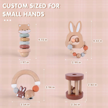 FReniland Wooden Baby Toy Set for 12M+, Montessori Grasping & Stacking Toys, Elephant & Car Sensory Toys, Natural Wood Fine Motor Skill Development Gift for Boys & Girls