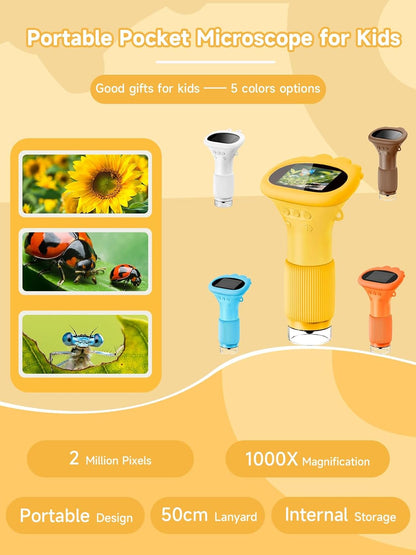 Acoath Microscope for Kids, 1000X Handheld Digital Miniscope with 2.0" Screen, Portable Pocket Microscope Education Toys Birthday Gifts for Age 3 4 5 6 7 8 9 10 Girls Boys