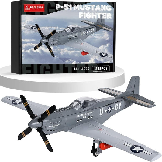 P-51 Mustang Fighter Bomber Building Blocks Sets, Military WW2 Airplane Building Toy, Collectible WW2 Army Model for Adults (258PCS)