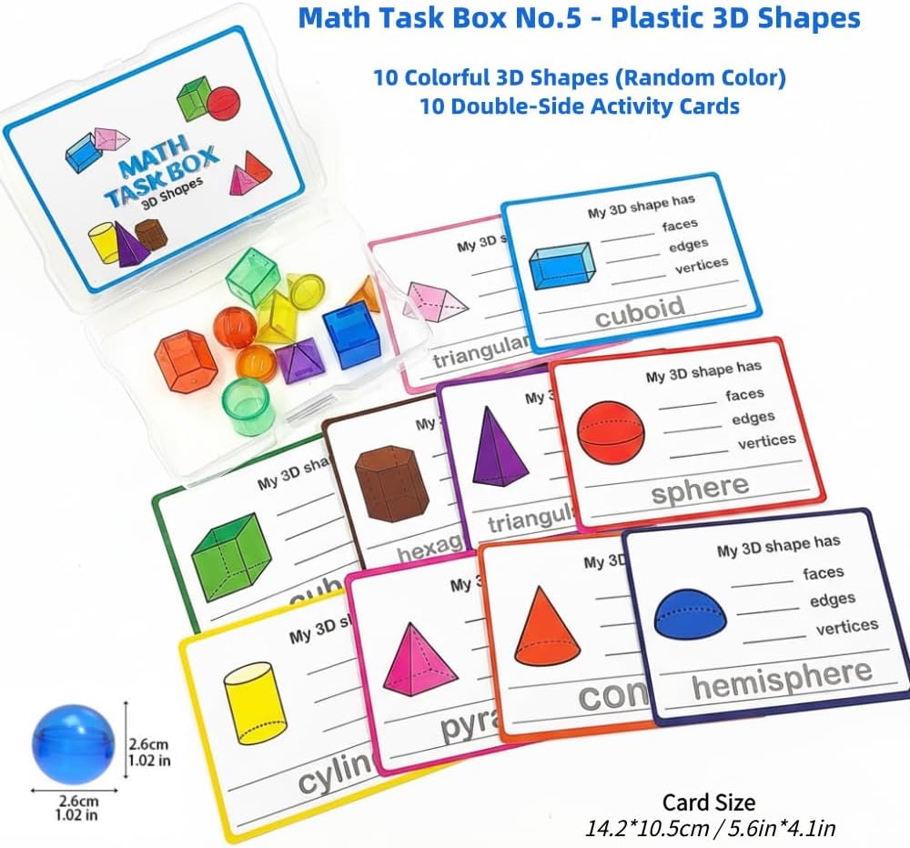 Math Task Boxes Set of 5 Math Manipulatives Themes 230+ Pieces of Number Rods, Base Ten Blocks, Ten Frame Disc Counters, Place Value Blocks, 0-9 Numbers, 3D Shapes, Counting Blocks Activity Cards