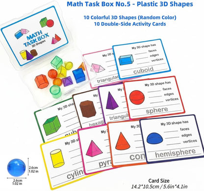 Math Task Boxes Set of 5 Math Manipulatives Themes 230+ Pieces of Number Rods, Base Ten Blocks, Ten Frame Disc Counters, Place Value Blocks, 0-9 Numbers, 3D Shapes, Counting Blocks Activity Cards