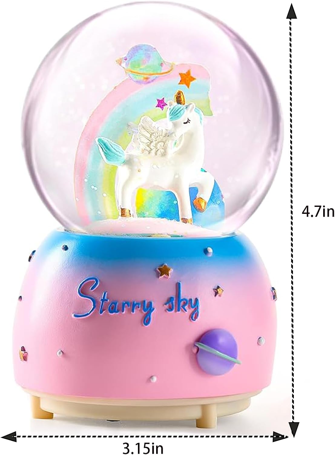 Unicorn Music Snowball, 80MM Snow Globes for Girls Music Box, with LED Rainbow Snow Lights, Birthday, Christmas, Ideal Gift for Girls (Pink&Blue)