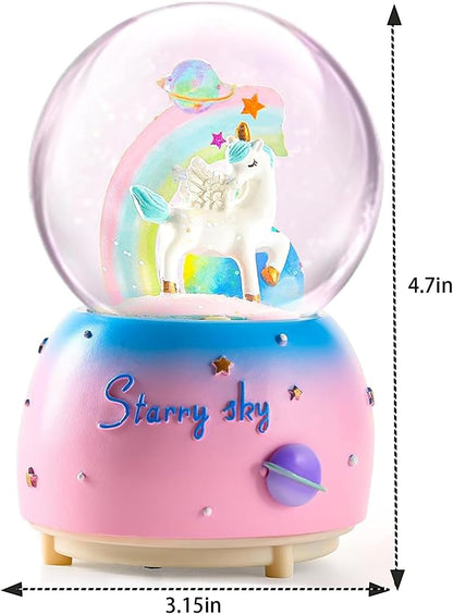Unicorn Music Snowball, 80MM Snow Globes for Girls Music Box, with LED Rainbow Snow Lights, Birthday, Christmas, Ideal Gift for Girls (Pink&Blue)