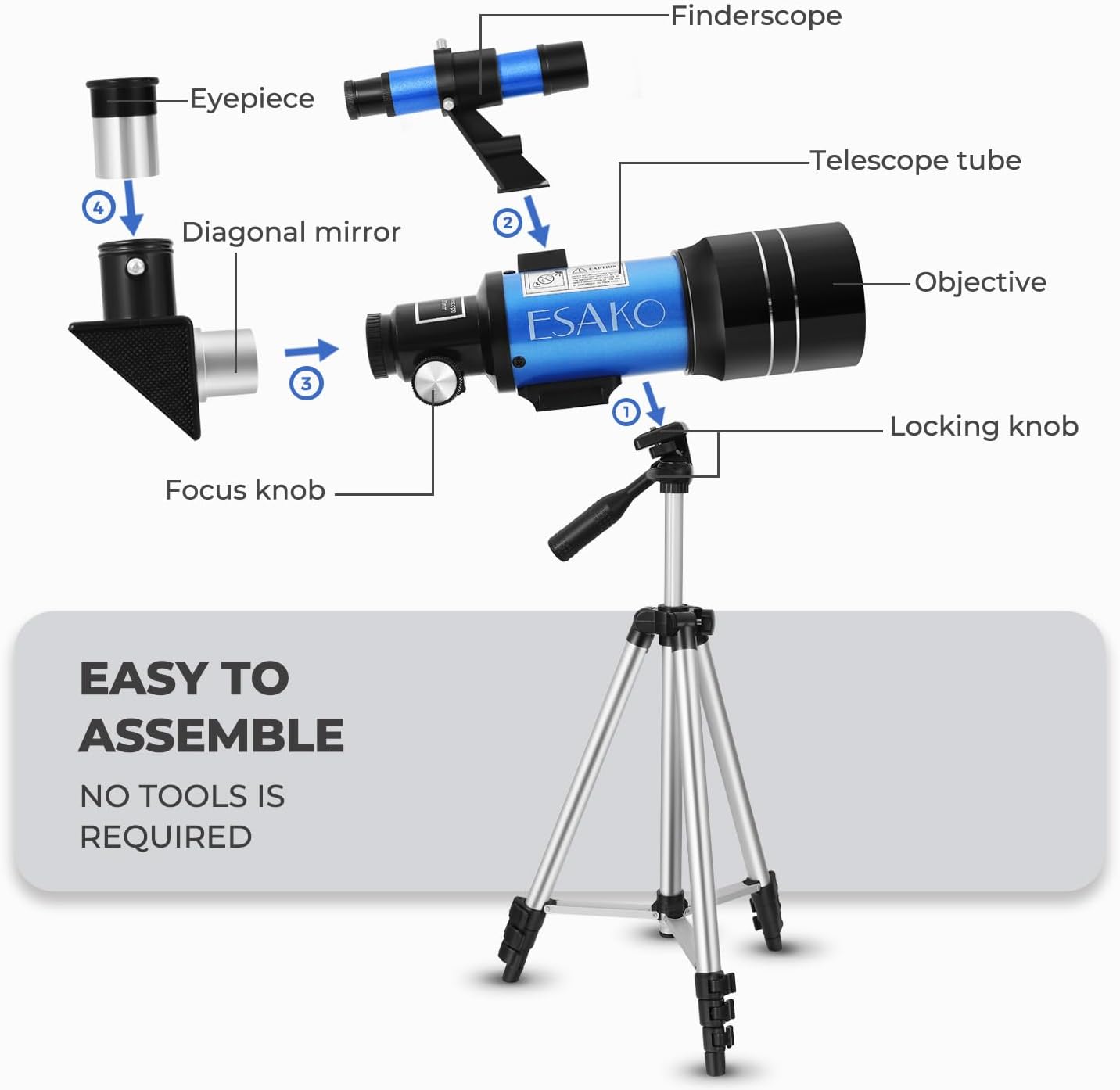 ESAKO Telescope for Kids & Beginners, 70mm Aperture Portable Telescopes with 3 Eyepieces, Height Adjustable Tripod & Phone Adapter & Remote Control Gift for Christmas