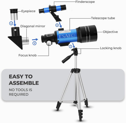 ESAKO Telescope for Kids & Beginners, 70mm Aperture Portable Telescopes with 3 Eyepieces, Height Adjustable Tripod & Phone Adapter & Remote Control Gift for Christmas