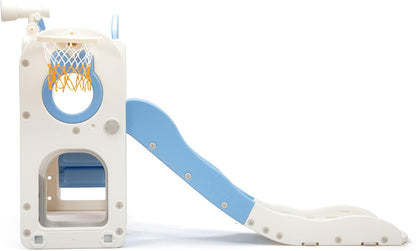 NYEEKOY 8-in-1 Toddler Slide and Climber Playset, Kids Slide Playground with Stairs, Tunnel, Telescope, Storage, Basketball Hoop and Ball, Indoor Outdoor, 1-3 Years Old, Blue